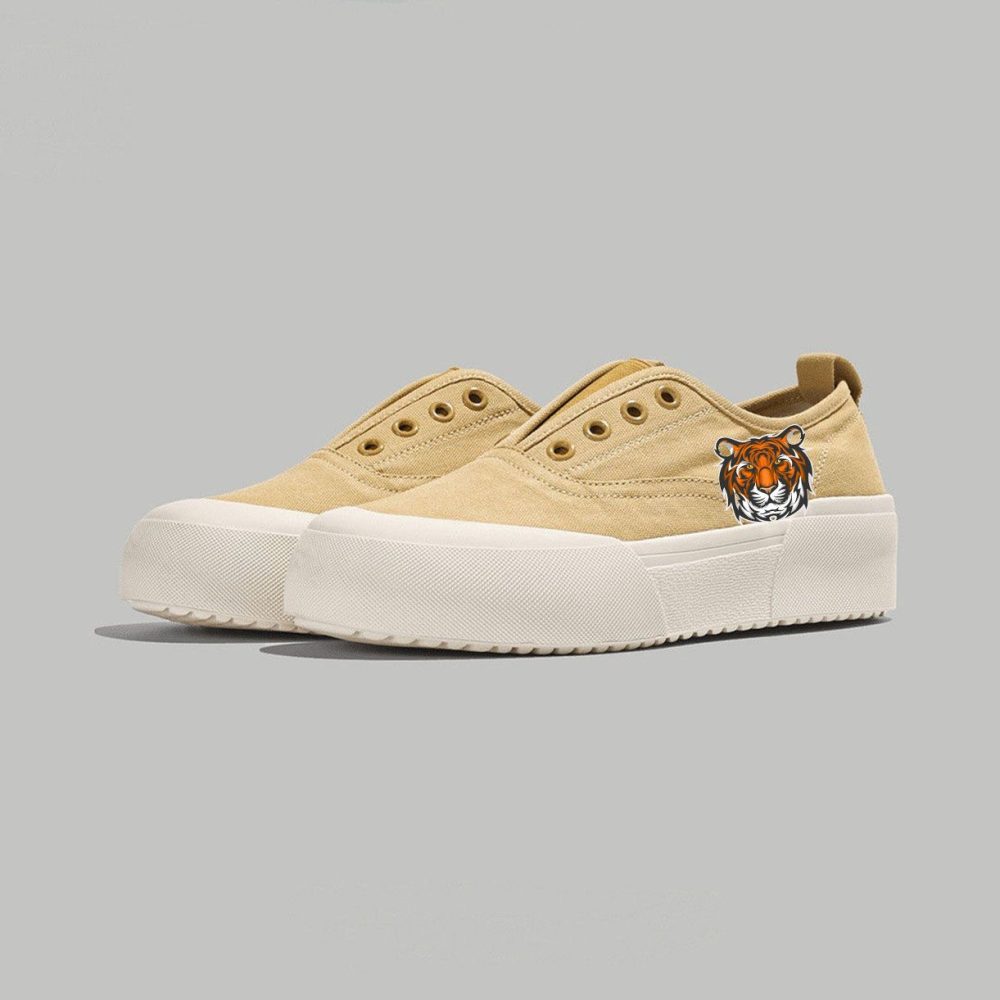 Beige Platform Slip-On Sneakers with Tiger Emblem