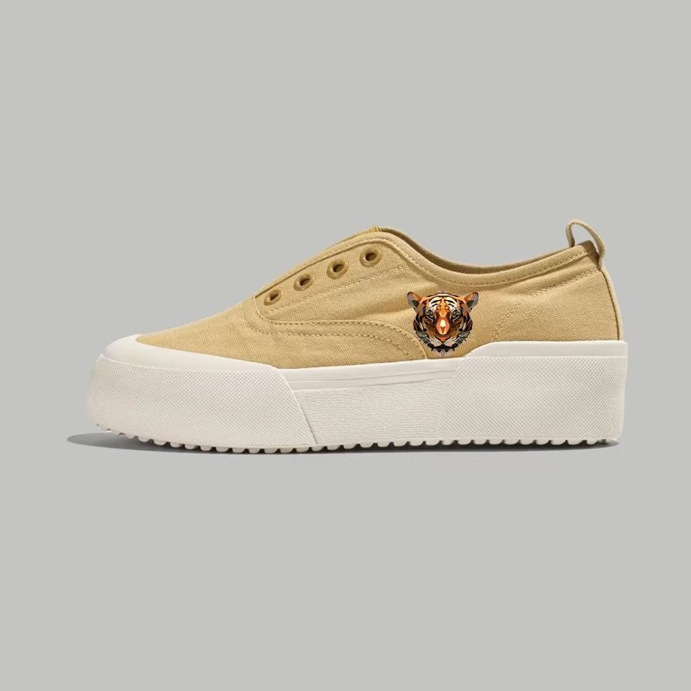 Beige Suede Slip-On Platform Sneakers with 3D Tiger Emblem