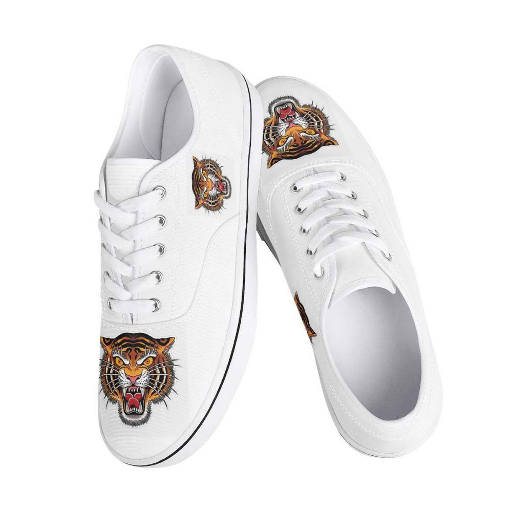 White Canvas Sneakers with Bold Tiger Embroidery