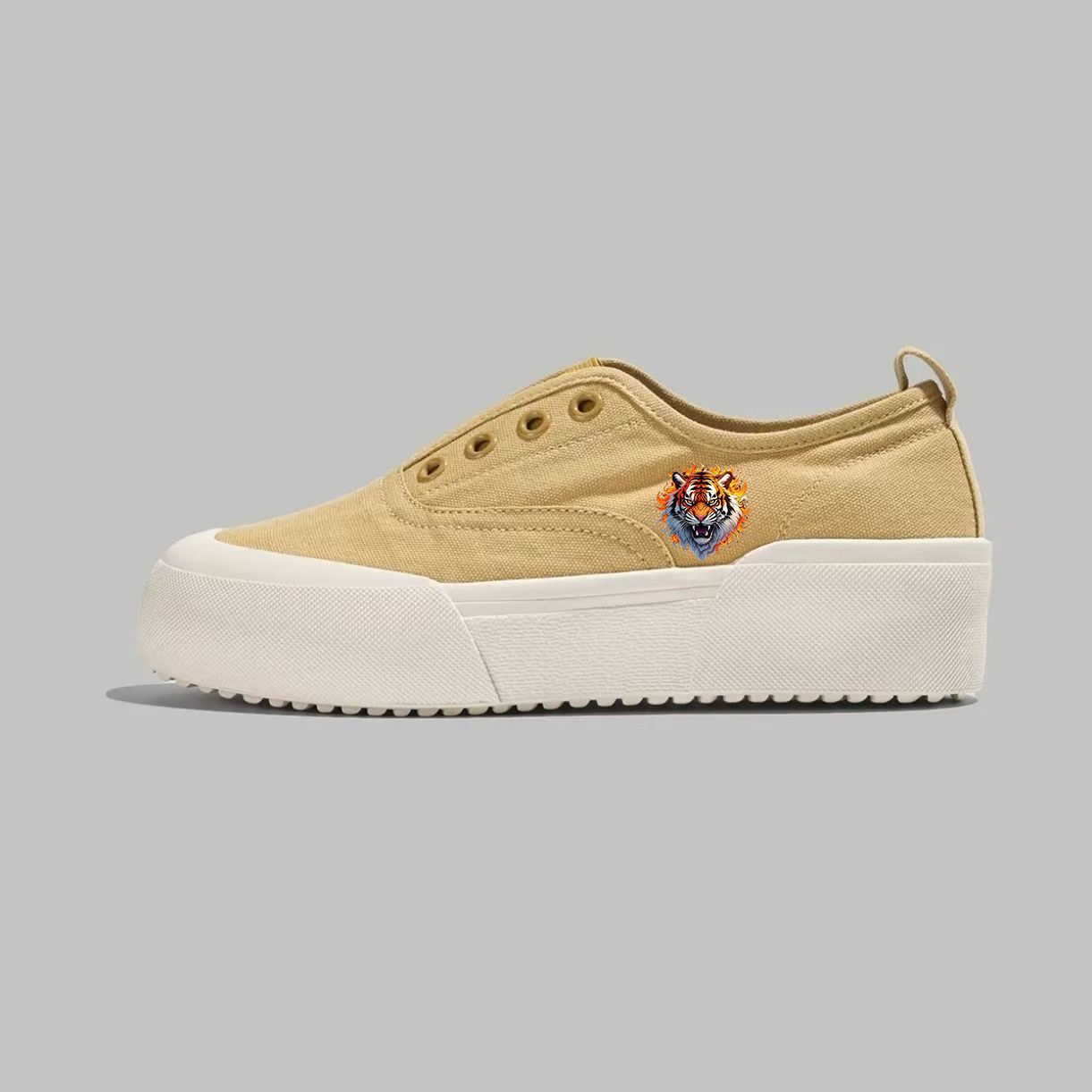 Beige Suede Slip-On Platform Sneakers with Colorful Tiger Embroidery